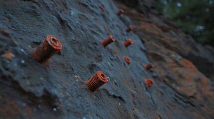 Poster - Weathered limestone surface with rusted metal bolts for industrial design background