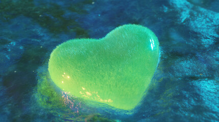 Poster - Lush emerald green moss heart on wet smooth surface - nature and love concept design