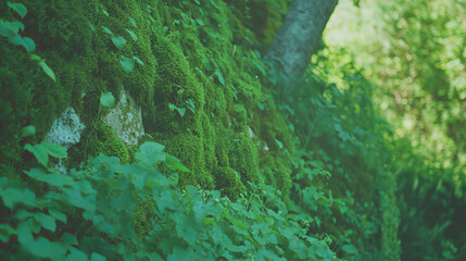 Aufkleber - Lush green moss wall with dense vegetation in serene forest environment