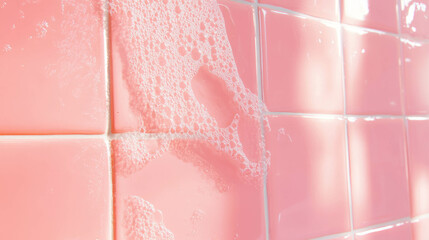 Poster - Matte pink tile surface with white grout and soapy texture for bathroom design