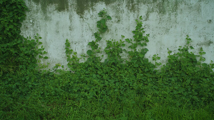 Poster - Nature-inspired wall with lush green foliage and textured surface for eco-friendly design