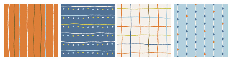 Fototapete - Seamless patterns set with hand-drawn stripes, tiny line grid and dots. Modern minimalistic backgrounds, repeating print design, simple textures for textile, fabric, cloth. Flat vector illustration