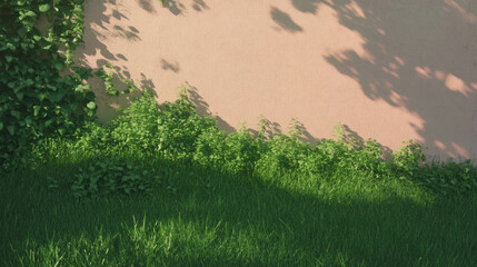 Leinwandbilder - Serene mud wall with vibrant green grass and lush foliage