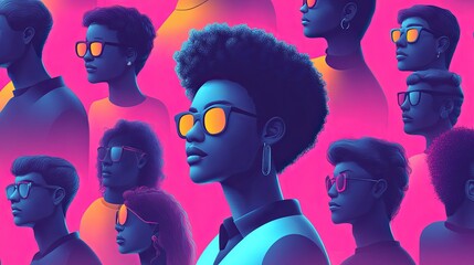 Poster - Portraits of diverse individuals wearing sunglasses in vibrant colors with abstract background
