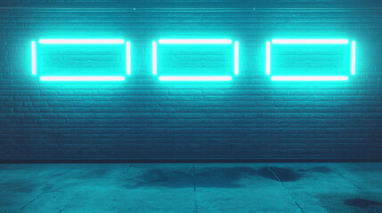 Poster - Glowing blue neon squares on brick wall for modern interior design