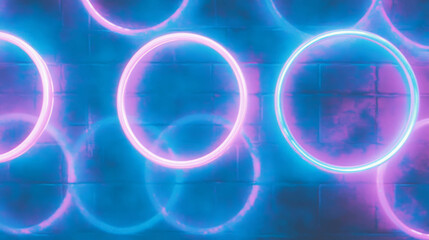 Poster - Futuristic neon blue brick wall with glowing circles for modern design and aesthetic background
