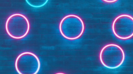 Poster - Futuristic neon circles on dark brick wall texture for modern design background