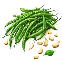 Wall Mural - Fresh Green Beans and Garlic Cloves - Vibrant Vegetable Still Life.