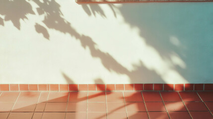Poster - Sunlit shadows on white stucco wall with red brick floor