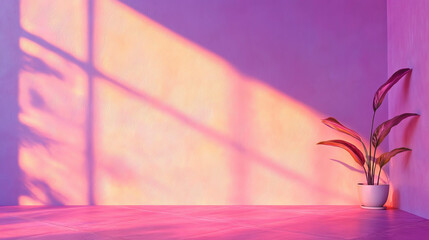 Poster - Elegant opalescent pink wall texture with soft violet hue and indoor plant in sunlit space