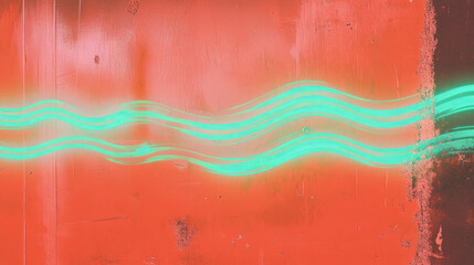 Poster - Vibrant textured orange wall with green neon waves for artistic design