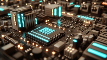 Poster - Advanced technology showcased on a microchip with glowing elements in a modern electronic circuit board