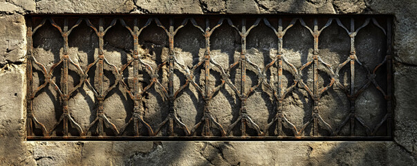 Aufkleber - Ornate metal grid on aged stone wall with intricate patterns for architectural design
