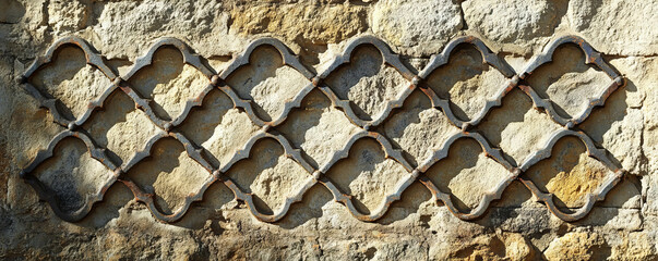 Poster - Ornate metal grid on rough stone wall surface for architectural design