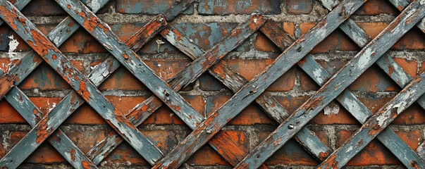 Poster - Weathered painted wooden lattice on aged brick wall surface for rustic design