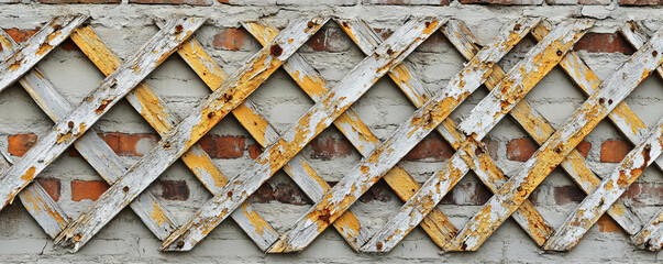 Poster - Rustic painted wooden lattice on aged brick wall texture for design concepts