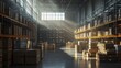 © ZpongXED - A well-lit warehouse filled with stacked boxes and shelves, showcasing an organized storage environment with rays of sunlight streaming through the windows.