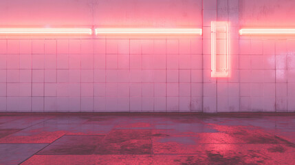 Poster - Neon glow on pink and grey tiled wall for modern art design