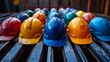 © vannet - Colorful Hard Hats Arranged on a Table in Bright Light