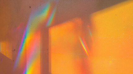 Poster - Vibrant prismatic orange and yellow wall with rainbow light reflections - modern textured design