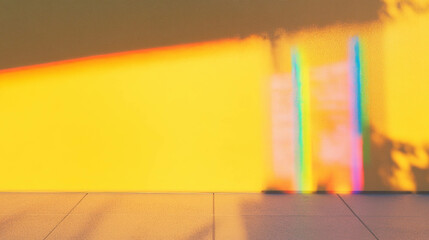 Poster - Vibrant yellow wall texture with rainbow light reflection for creative design