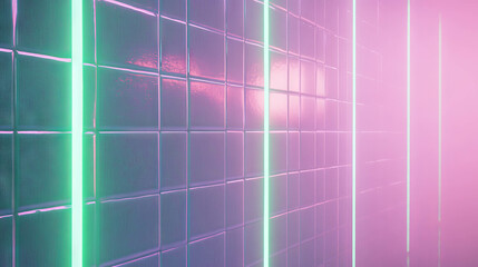 Poster - Futuristic neon green and purple tiled wall texture for interior design