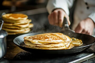 Wall Mural - A chef in mid-action, flipping a pancake in a frying pan, with a stack of pancakes and syrup on the counter.