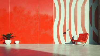 Poster - Modern interior design with red and white vinyl wall texture and chrome accents