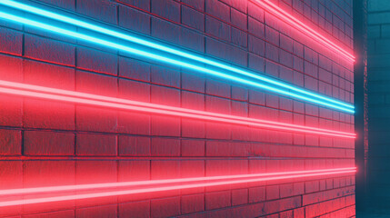 Aufkleber - Futuristic red brick wall with blue neon lines for design and decor
