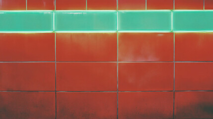 Aufkleber - Vibrant red tiled wall with green neon light for modern design