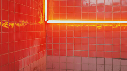 Poster - Vibrant red tiled wall with glowing orange neon for modern design concepts