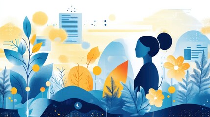 Poster - a serene illustration of a woman amidst vibrant plants and abstract shapes in a tranquil setting