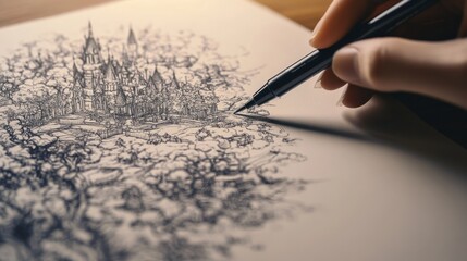 Intricate Hand-Drawn Castle Surrounded by Elegant Nature Scene