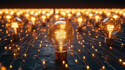 Poster - Warm glow of vintage light bulbs illuminating a dark space filled with tangled wires and reflections
