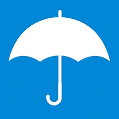 Poster - Simple White Umbrella Icon on Solid Blue Background for Minimalist Design and Symbol