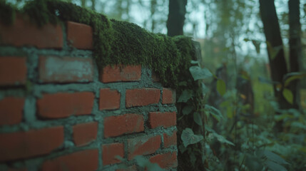 Aufkleber - Rustic brick wall with moss in a lush forest setting