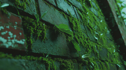 Poster - Rustic brick wall with moss growth texture for nature and urban design