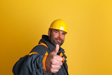 construction worker in hard hat giving a thumbs-up on yellow background