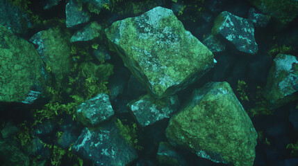 Poster - Moss-covered weathered stones in natural environment for design or background