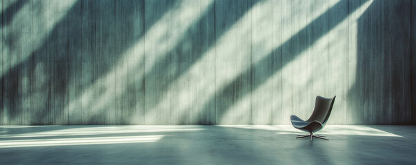 Poster - Modern minimalist interior with elegant chair and dramatic light and shadow on silver wall