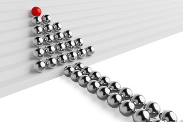 Fototapete - Leadership Concept. Rows of Balls in the Form of an Arrow Ascending Steps with Red in Front. 3d Rendering