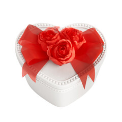 Aufkleber - White Beautiful Ceramic Jewelry Accessory Box in Shape of Heart with Red Rose Ribbon. 3d Rendering