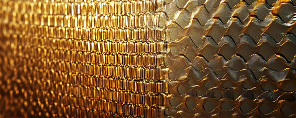 Poster - Golden textured plastic mesh pattern on smooth wall surface for artistic design
