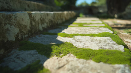Poster - Lush green moss growing on ancient stone path with shadows and sunlight