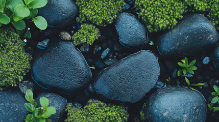 Poster - Nature's harmony: velvety moss covering smooth dark rocks