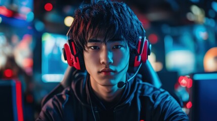 Focused Young Gamer with Red Headphones in a Dramatic Lit Gaming Environment