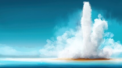 Wall Mural - A painting of a volcano erupting with white smoke and steam