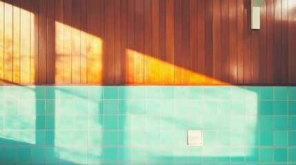 Aufkleber - Teal tile and wooden paneling texture with warm sunlight shadows