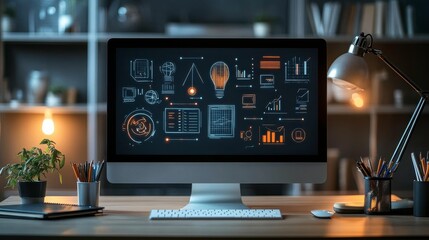 Poster - a modern workspace featuring a desktop computer displaying colorful data visualizations, a desk lamp