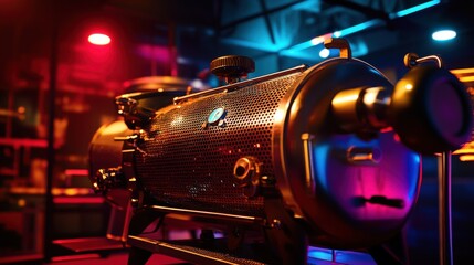 Poster - Close-up of a metallic industrial machine in a vibrant, illuminated workshop setting